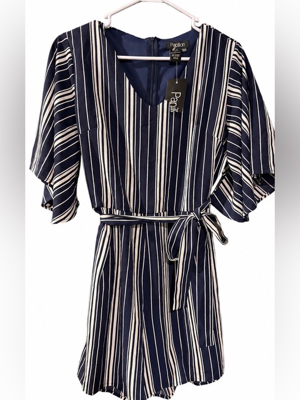 Papillon Blanc Navy and White Striped Belted Women's Romper